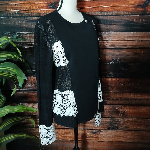 INC International Concepts Sweater L Black Sheer Lace Asymmetrical Zip - Picture 2 of 9